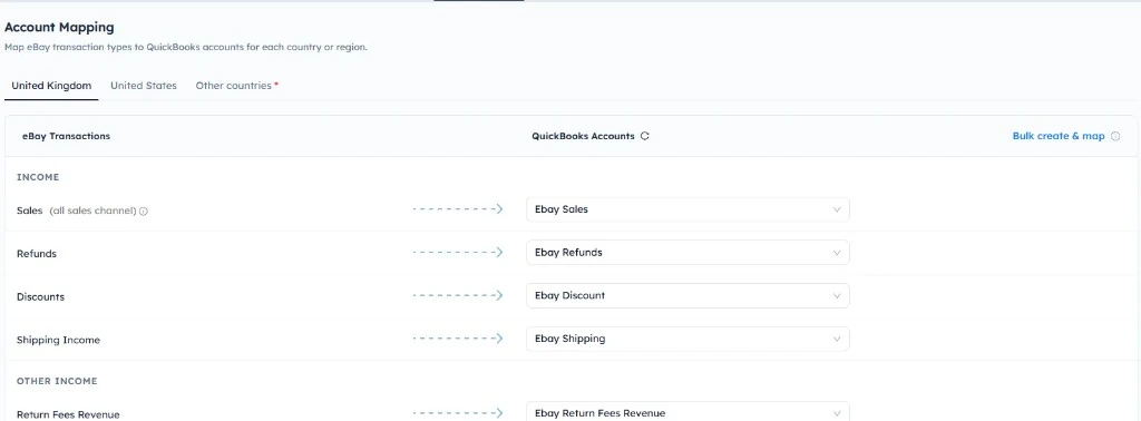 SyncTools Account Mapping screen showing eBay transaction types mapped to QuickBooks accounts for United Kingdom with Bulk create and map option