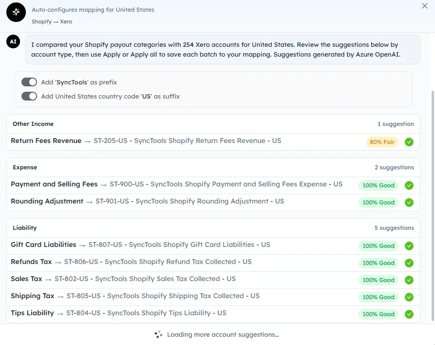 SyncTools AI Account Mapping suggestions grouped by Other Income, Expense, and Liability with confidence scores and Apply all option