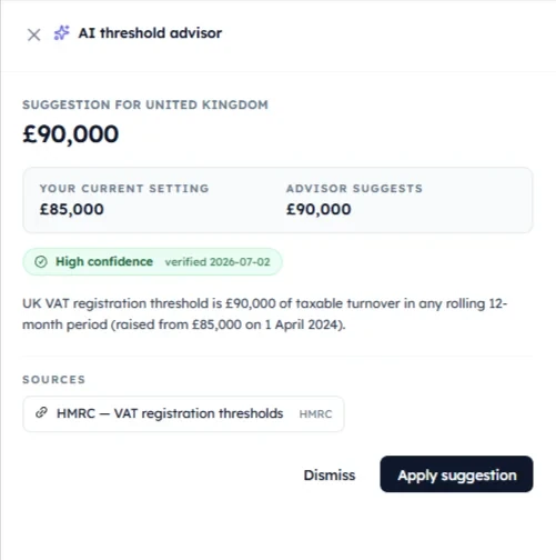 SyncTools AI Threshold Advisor showing UK VAT registration threshold suggestion with current setting, advisor recommendation, confidence level, and Apply suggestion button