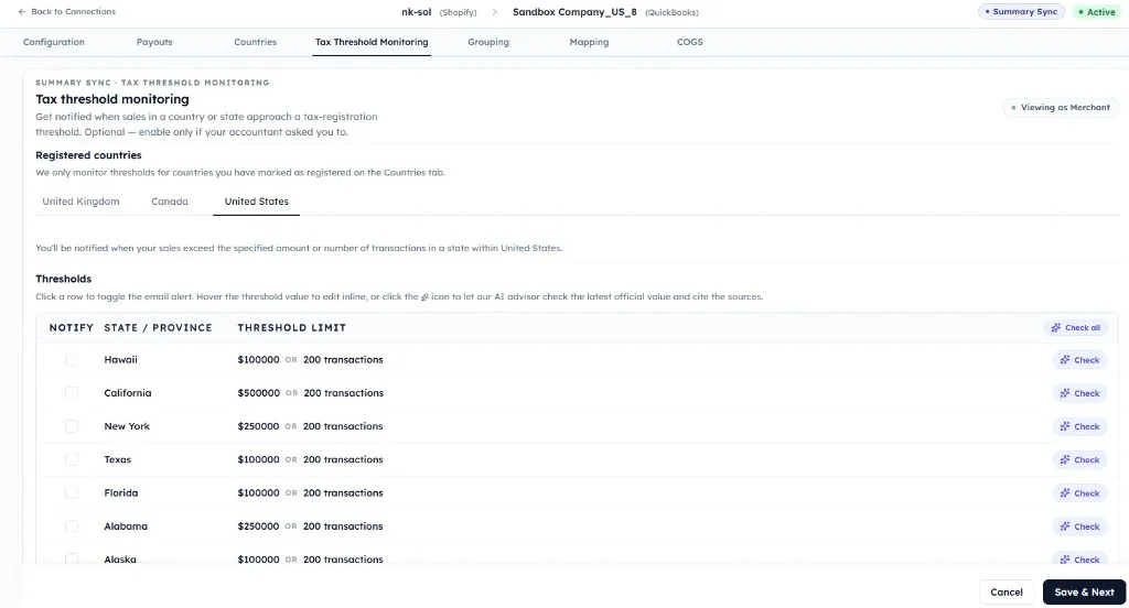 SyncTools AI threshold advisor showing United Kingdom VAT registration threshold suggestion with high confidence score, HMRC source link, and Enable alert button