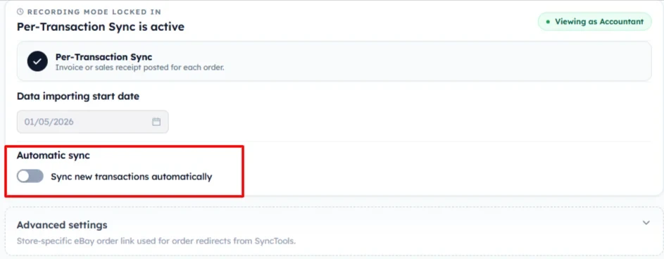 SyncTools configuration screen showing Per-Transaction Sync mode with Automatic sync toggle to sync new transactions automatically