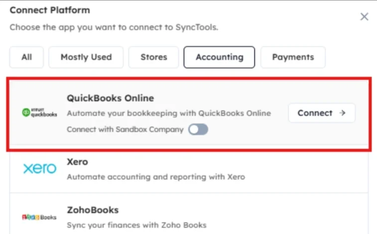 SyncTools Connect Platform modal with Accounting filter showing QuickBooks Online option and Connect button