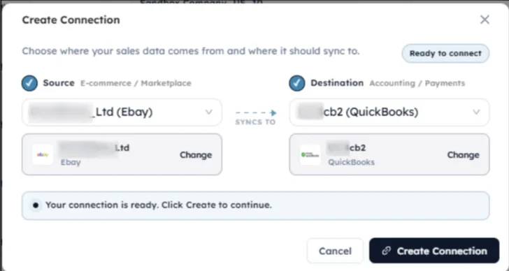 SyncTools Create Connection modal showing eBay source and QuickBooks destination ready to connect with Create Connection button