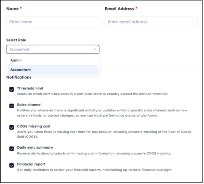 SyncTools invite accountant form with name, email, role selection, and notification preferences including threshold limit, sales channel, COGS missing cost, daily sync summary, and financial report