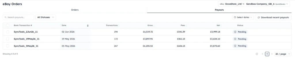SyncTools eBay Orders Payouts tab showing bank transaction numbers, gross, fees, net amounts, and Pending payout status