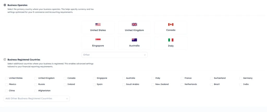 SyncTools country selection screen with Business Operates primary country options and Business Registered Countries checklist