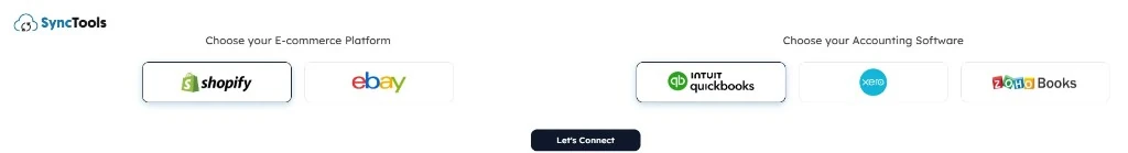 SyncTools platform selection screen to choose e-commerce platform and accounting software with Let's Connect button