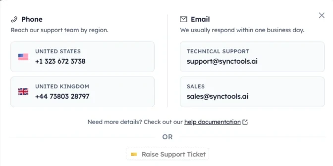 SyncTools support contact panel with phone numbers for US and UK, email for technical support and sales, and Raise Support Ticket option