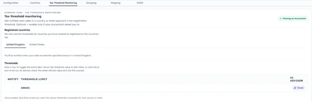 SyncTools Tax Threshold Monitoring settings showing registered countries, threshold limits, and AI advisor check for United Kingdom