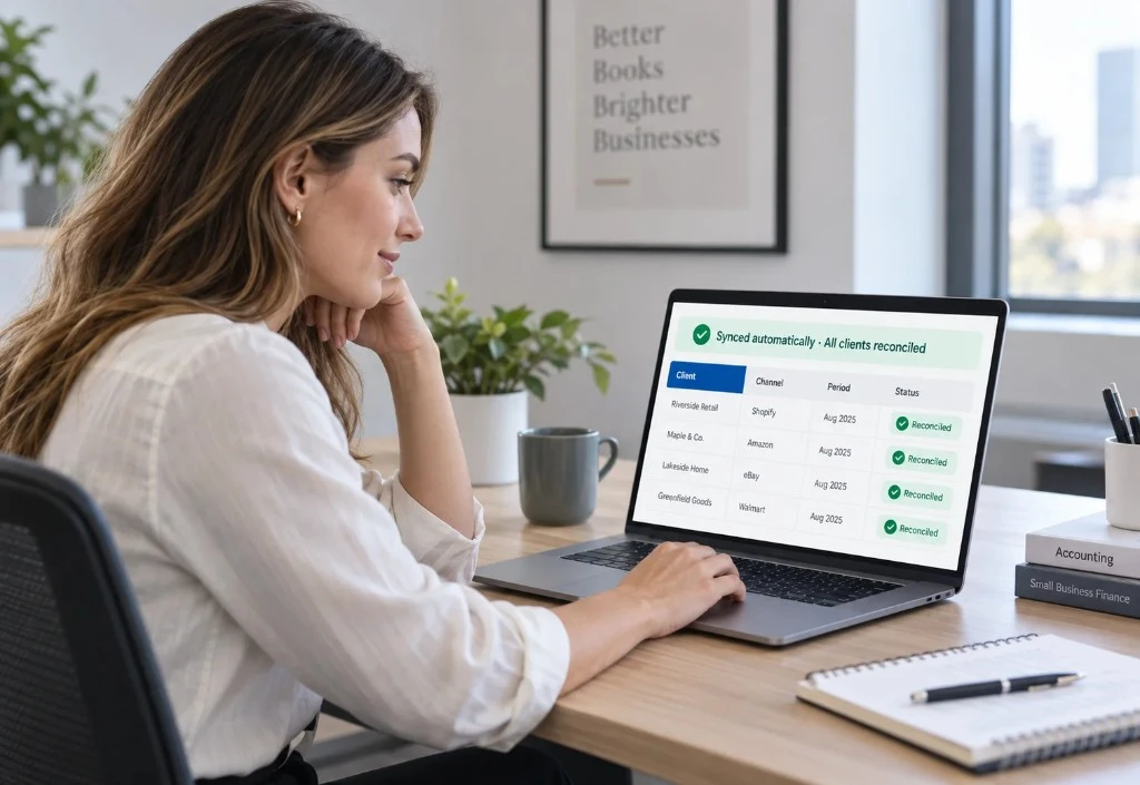 Accountant reviewing automated client reconciliation with Shopify, Amazon, eBay, and Walmart transactions synced.