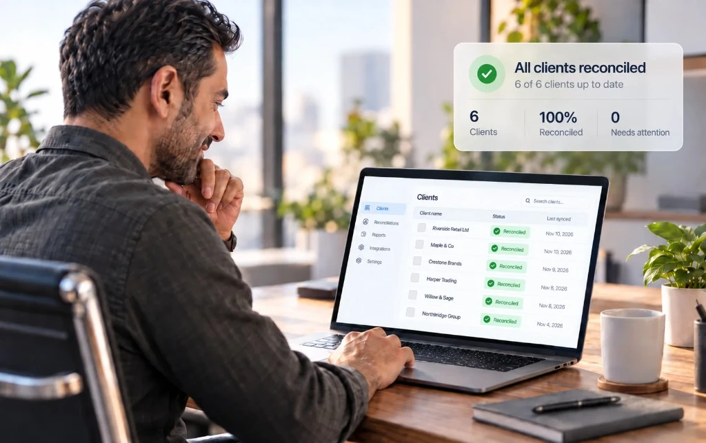 Accounting firm partner reviewing a dashboard showing all client accounts reconciled and up to date.
