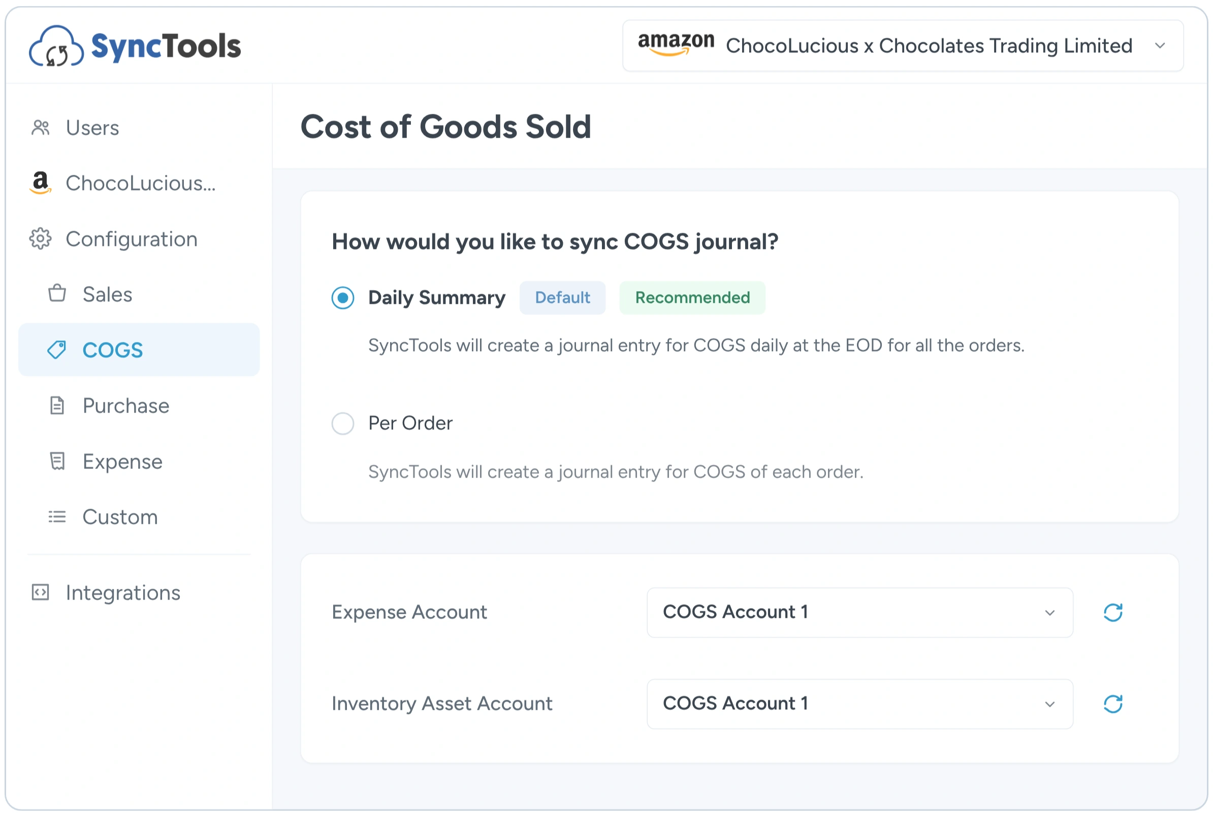 SyncTools COGS configuration for syncing Amazon orders with Sage accounting software
