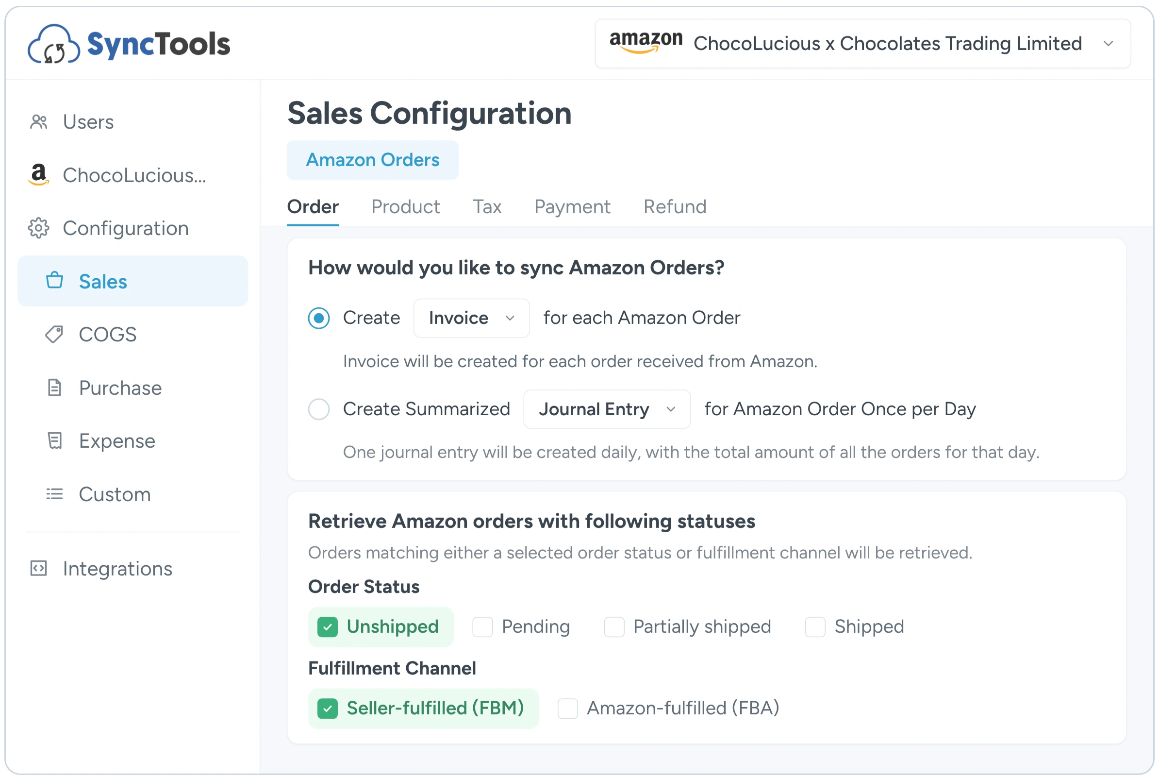 Amazon to Sage individual and summarized sales sync configuration in SyncTools