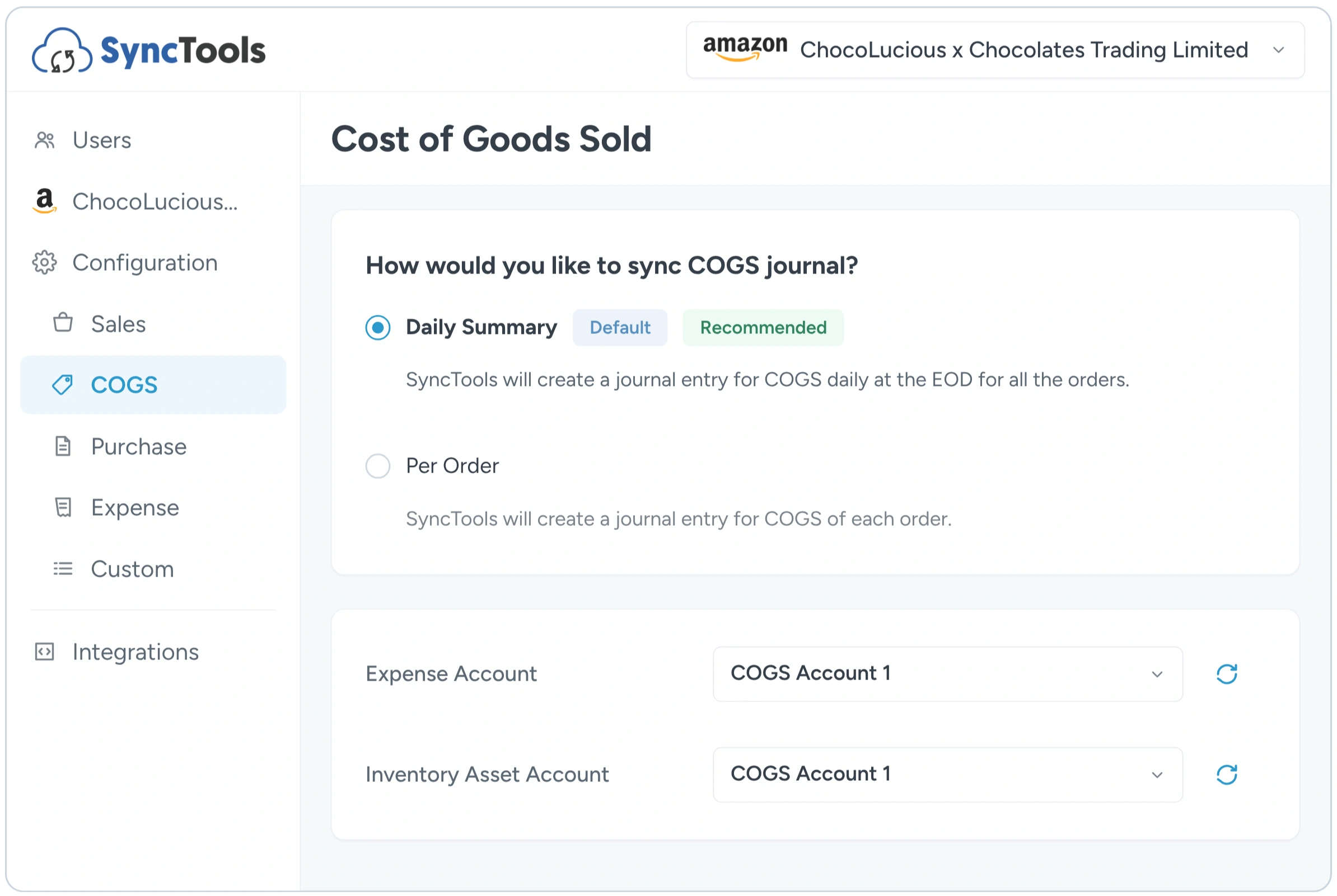 Amazon COGS configuration in Xero with daily summary and per-order journal options