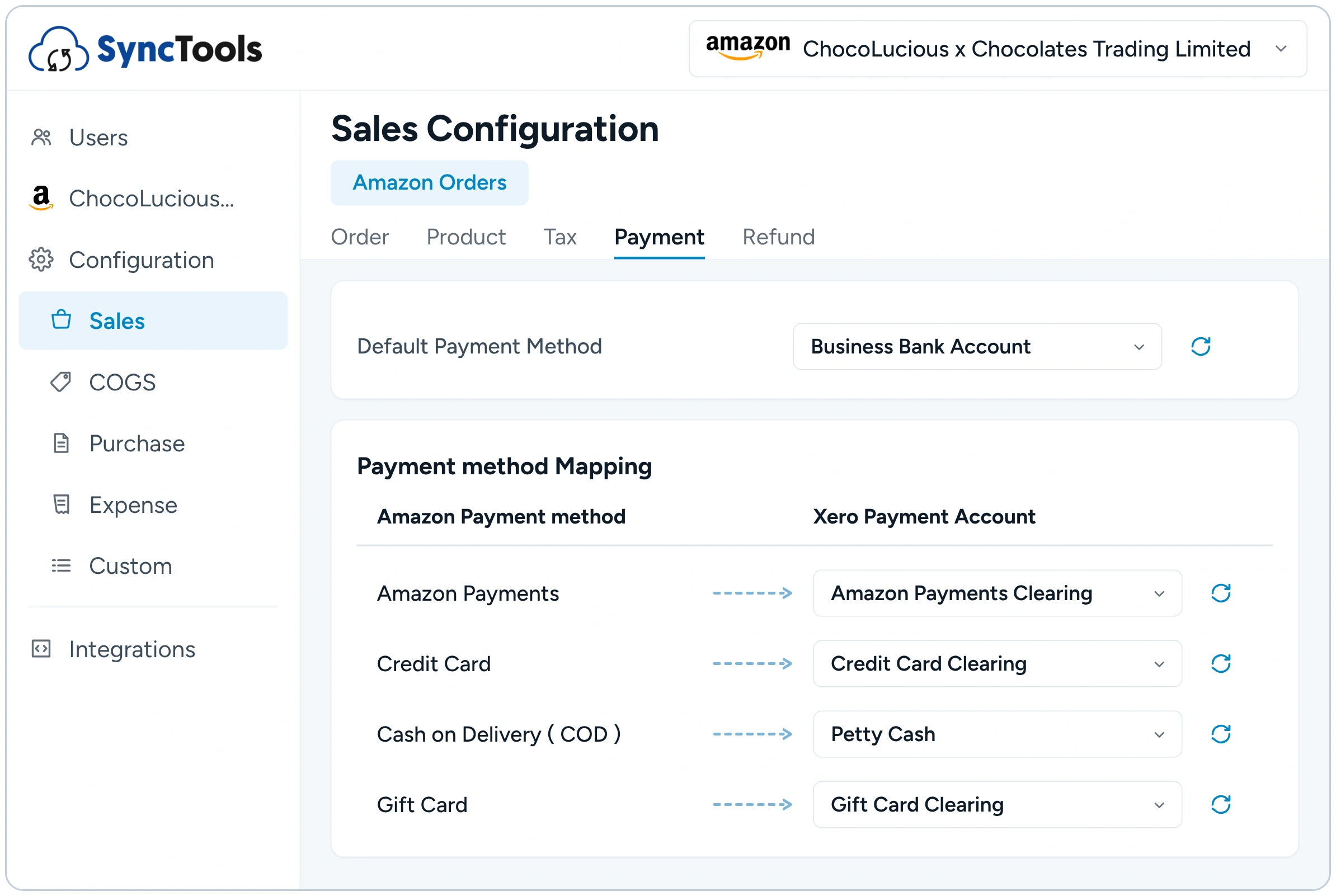Amazon payment methods mapped to Xero accounts for automated payment reconciliation