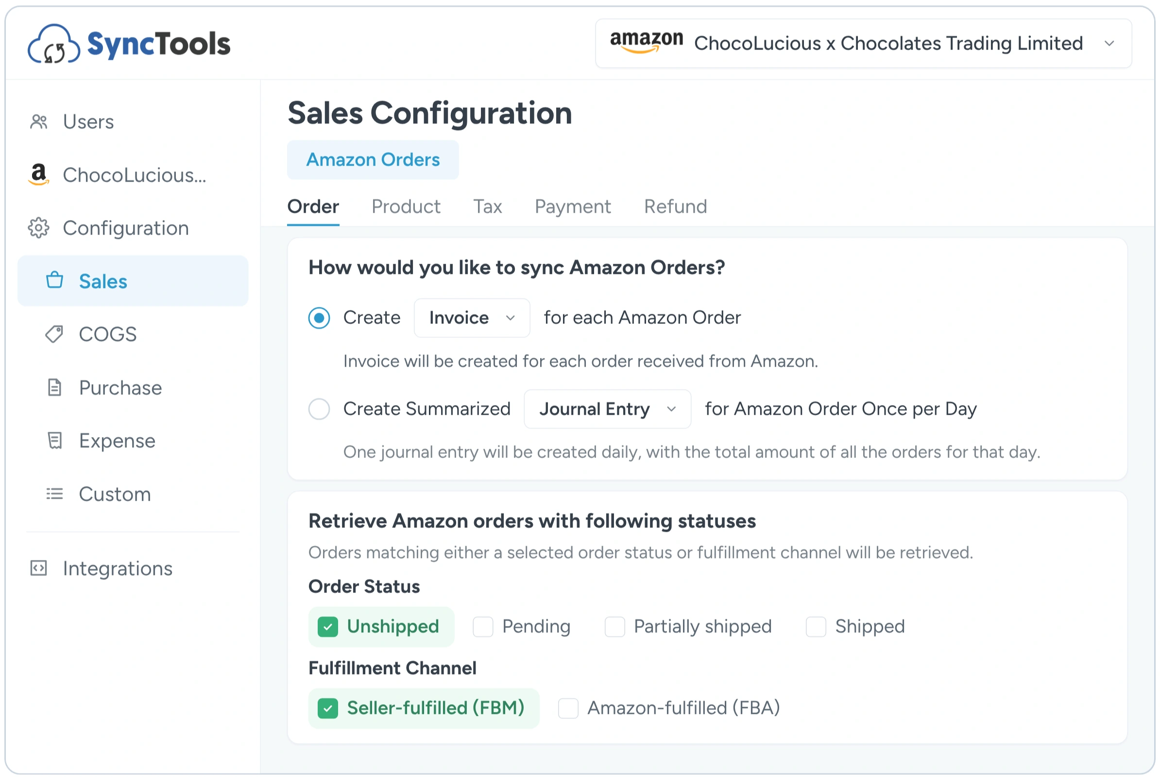Amazon orders configured to sync individually or as summarized sales in Xero