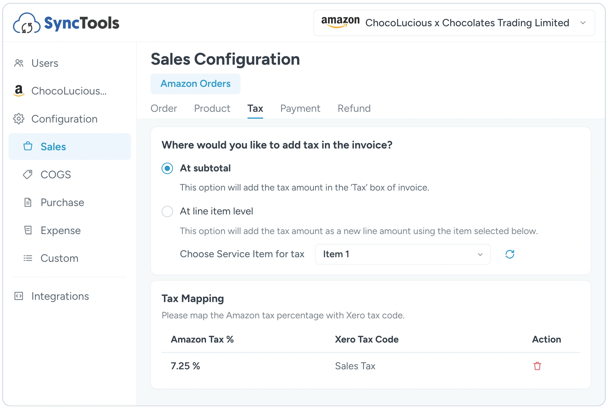 Amazon tax settings and tax mapping configured for Xero invoices by marketplace