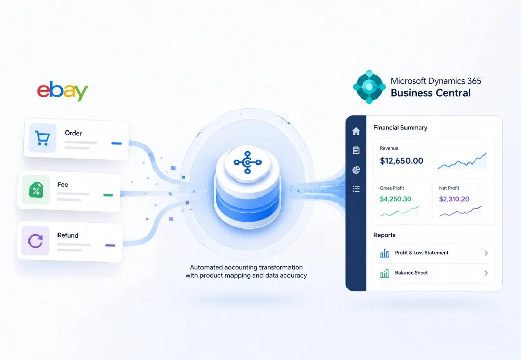 SyncTools interface for syncing eBay orders, fees, and refunds with Microsoft Dynamics 365 Business Central for automated marketplace accounting