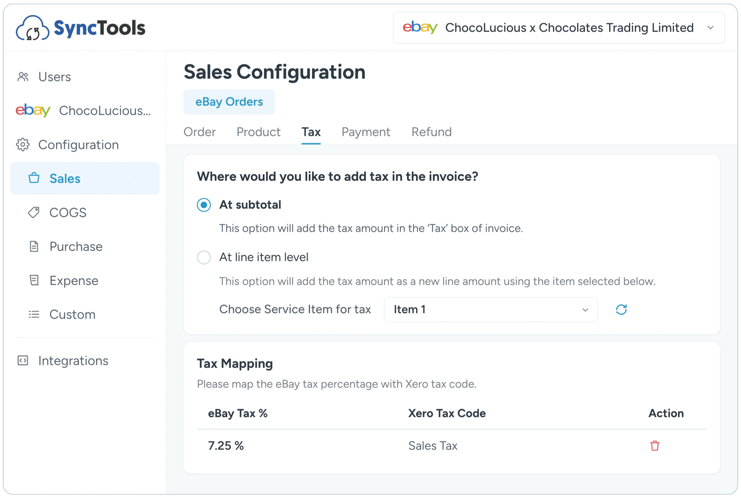 eBay Xero advanced tax settings showing tax configuration and tax rate mapping in SyncTools