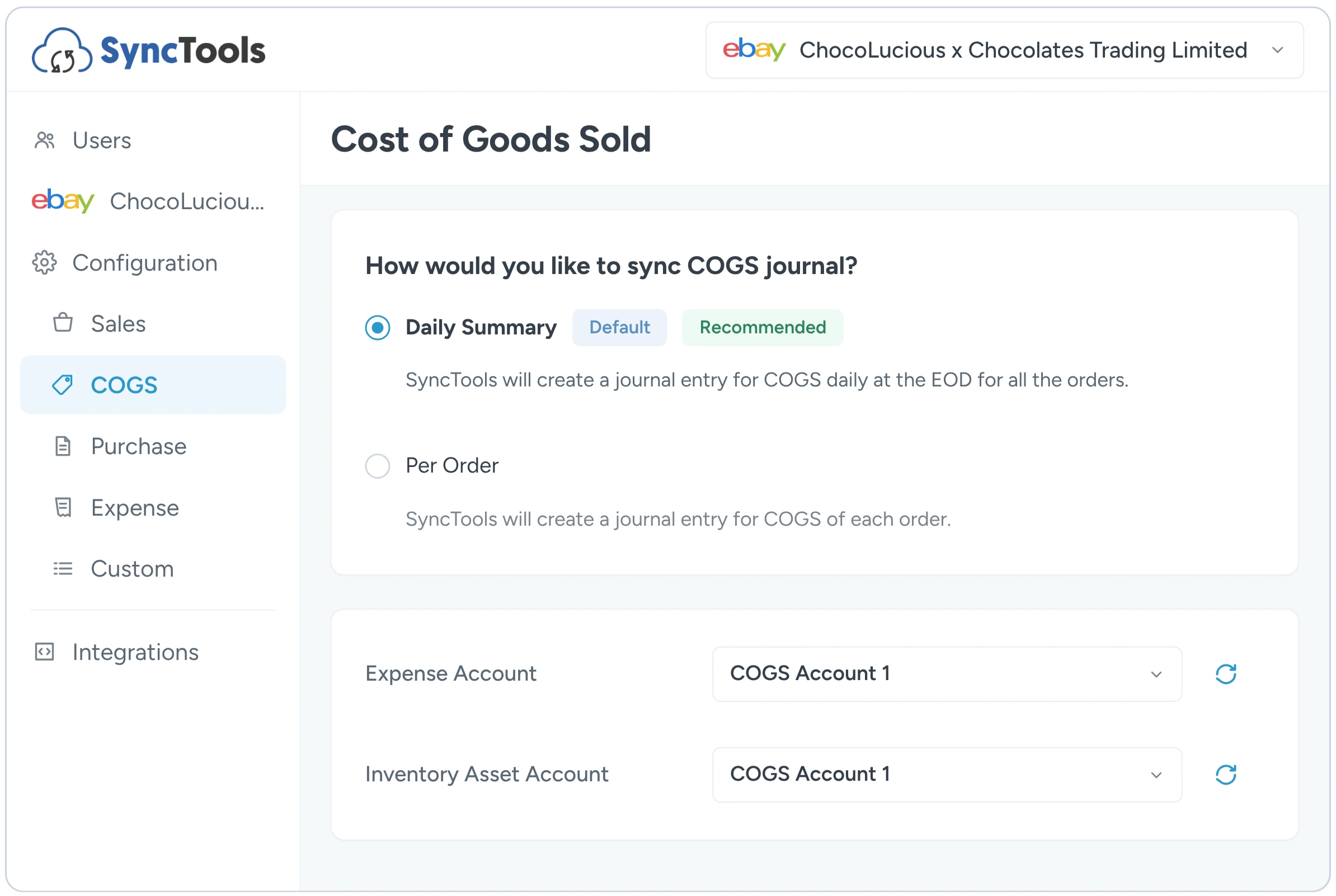 eBay Xero COGS settings showing daily summary, per-order journals, and account mapping in SyncTools