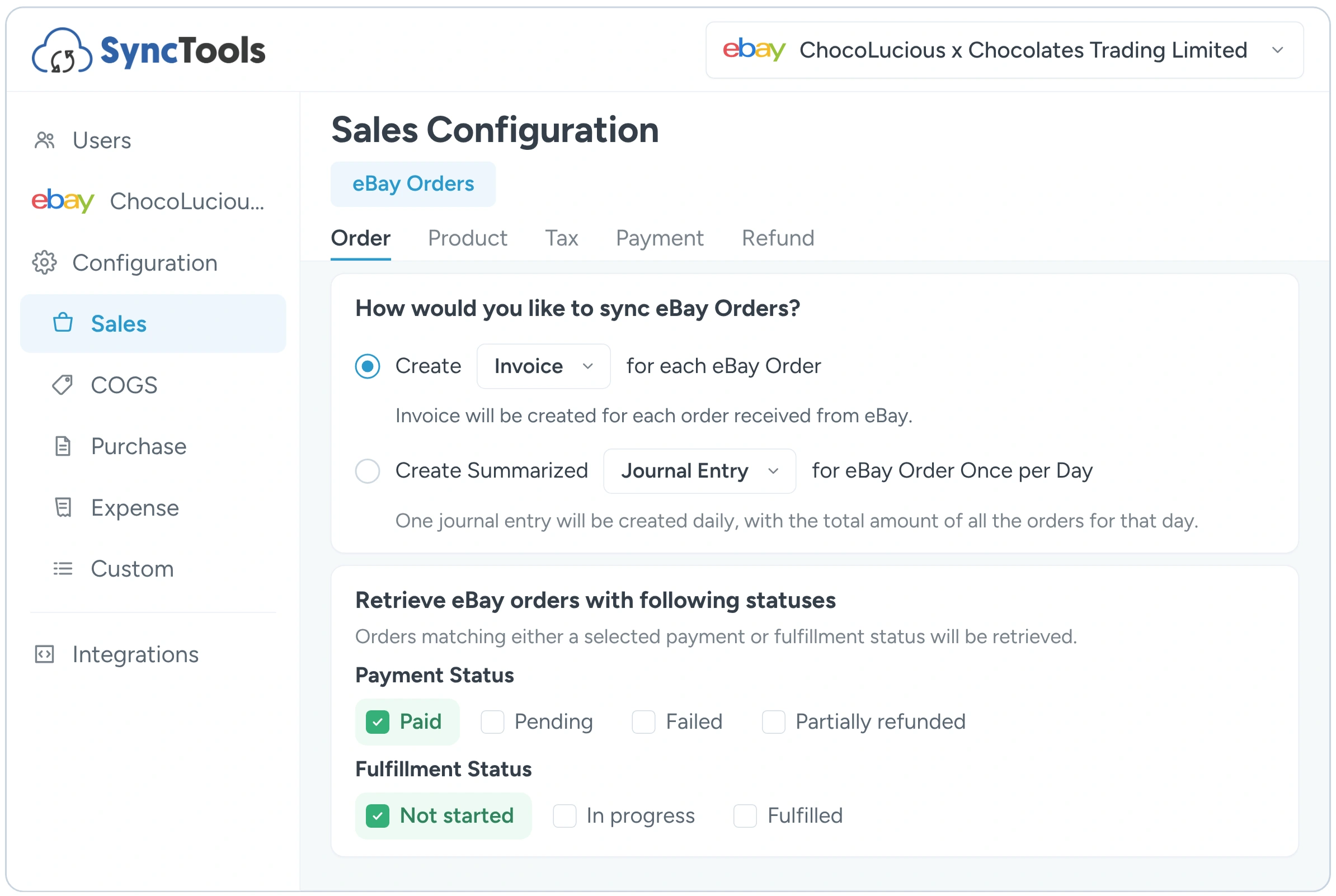 eBay Xero sales configuration showing individual invoice and summarized order sync settings in SyncTools