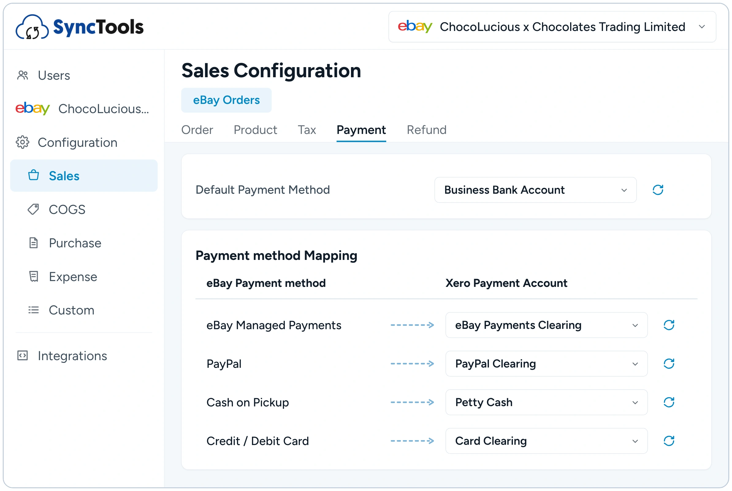 eBay to Xero payment mapping configuration for syncing payment methods and accounts