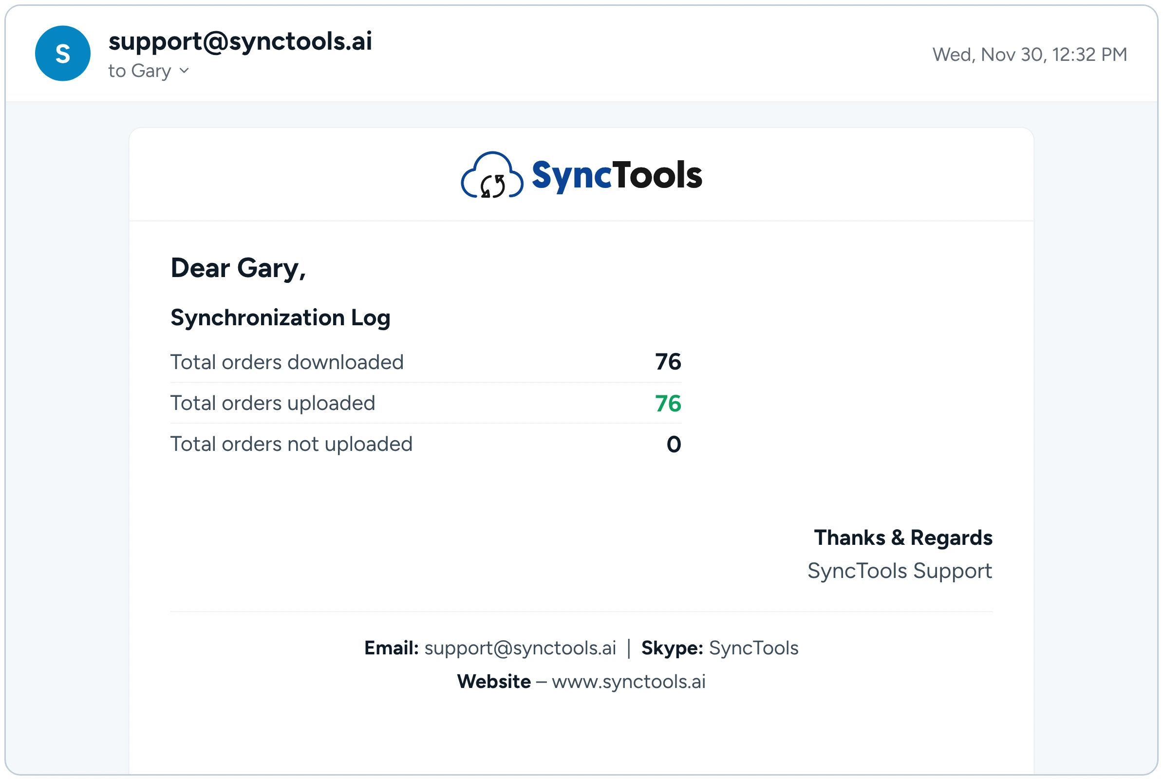 SyncTools synchronization log showing orders downloaded and uploaded with none left unsynced