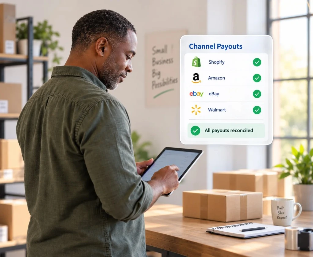 Ecommerce retailer reviewing reconciled payouts across Shopify, Amazon, eBay, and Walmart