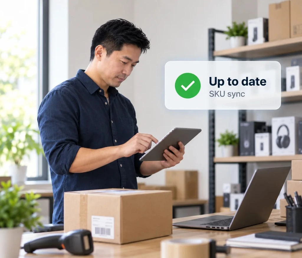 Electronics retailer managing inventory with an up-to-date SKU sync on a tablet