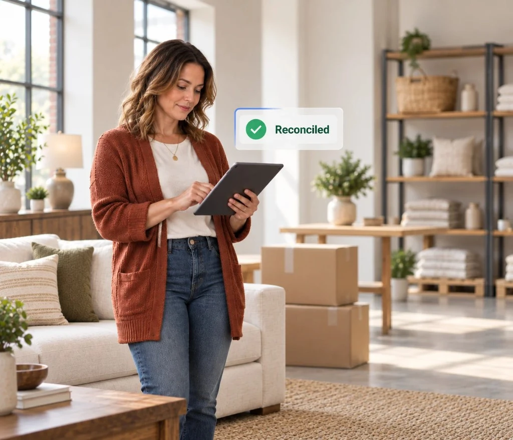 Home and lifestyle ecommerce seller reviewing reconciled orders and financial data on a tablet