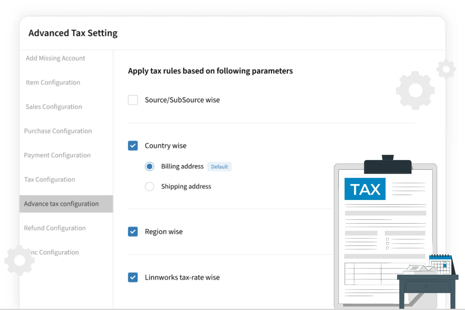 SyncTools advanced tax setting rules interface showing configuration options for applying specific tax logic to synced transactions