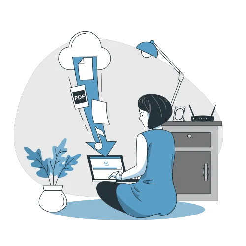 Woman downloading documents from cloud storage to laptop, symbolizing secure data access and cloud-based file retrieval