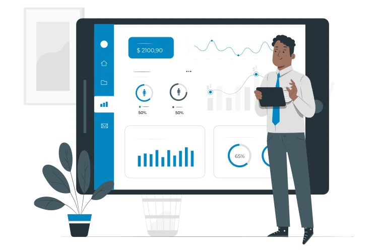 Businessman viewing financial dashboard on tablet device, analyzing real-time business data and performance metrics