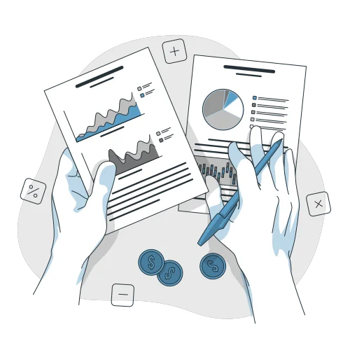 Financial report analysis screen showing business performance metrics with charts and data visualization tools