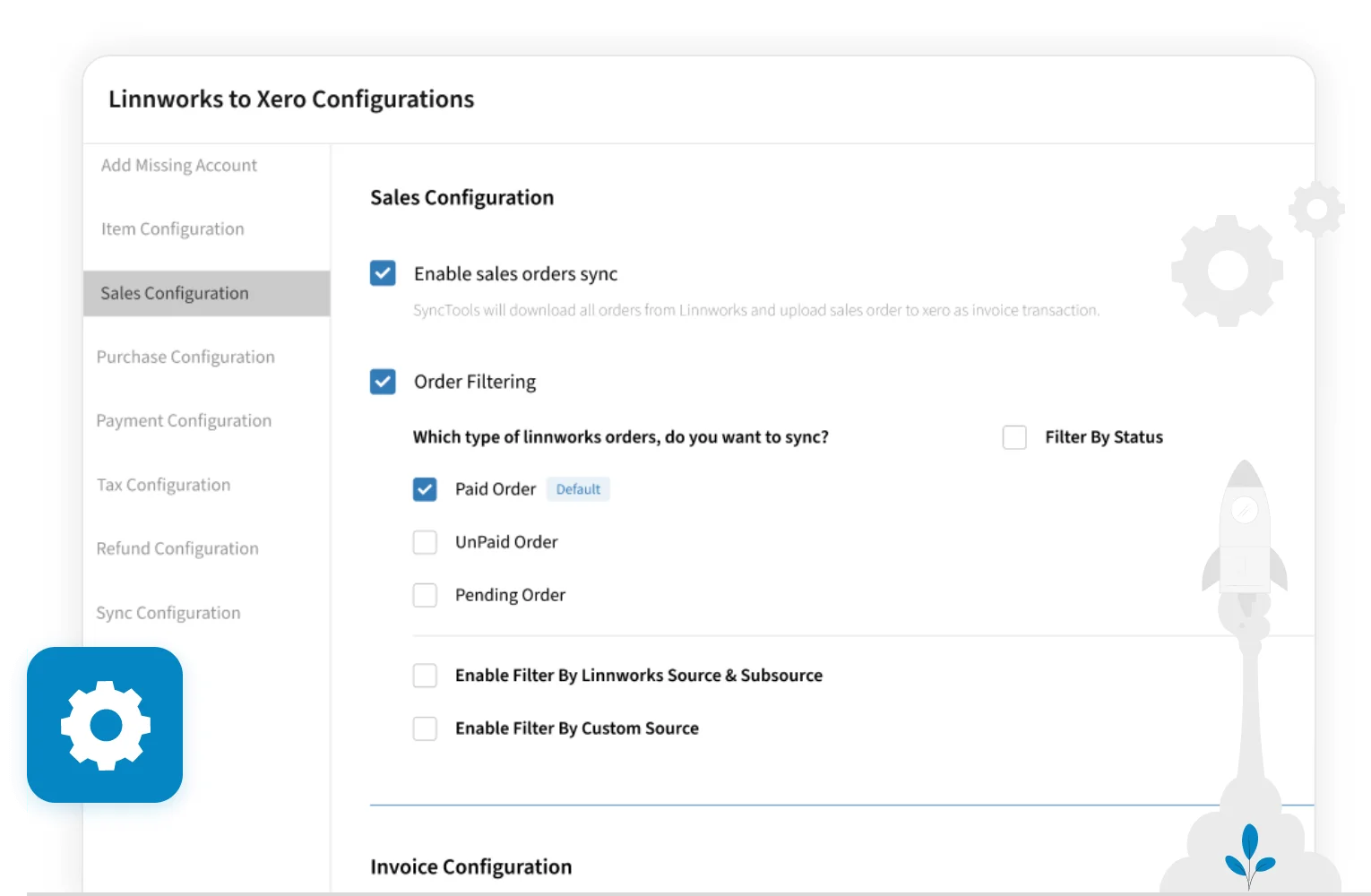 SyncTools fully configurable integration tool interface allowing custom settings for syncing data across eCommerce and accounting
