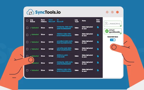 SyncTools dashboard integrated with Linnworks displaying business financials and accounting connector settings