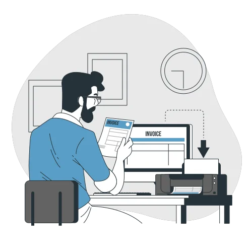 Man printing digital invoice from desktop printer at office desk, illustrating modern e-invoicing and accounting workflow