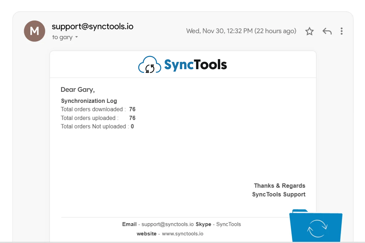 Email notification from SyncTools showing real-time synchronization log with order upload and download status