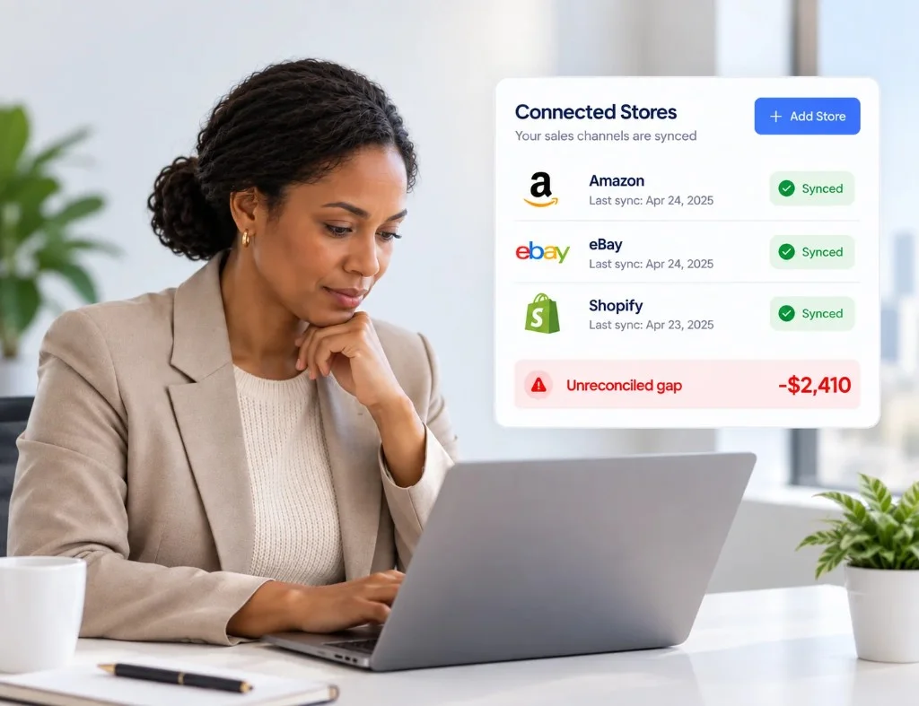 Multi-store and multi-company sync dashboard showing Amazon, eBay, and Shopify connections
