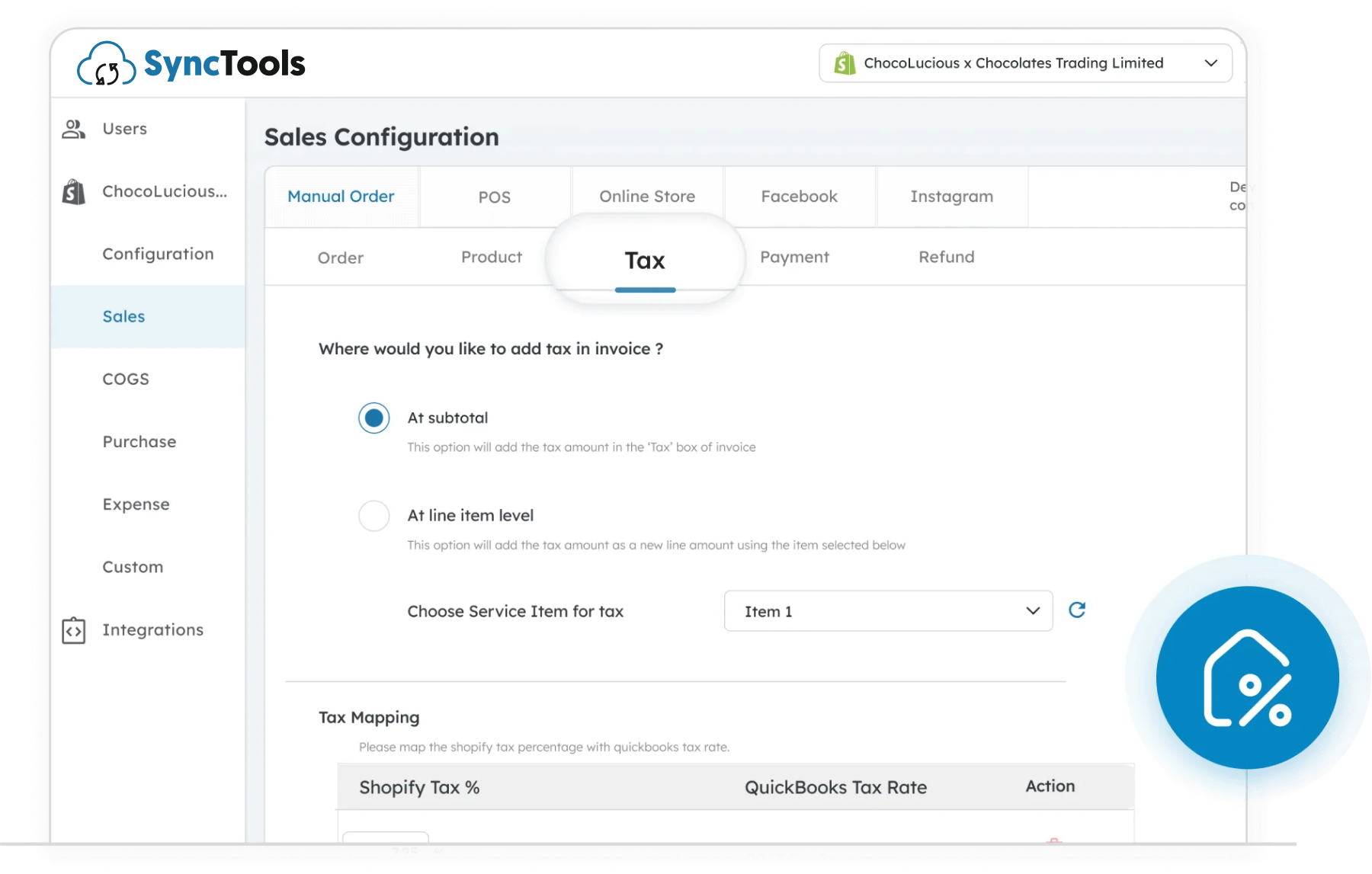 Configure tax settings in SyncTools for Shopify to Business Central sync with subtotal or line item tax and tax rate mapping options