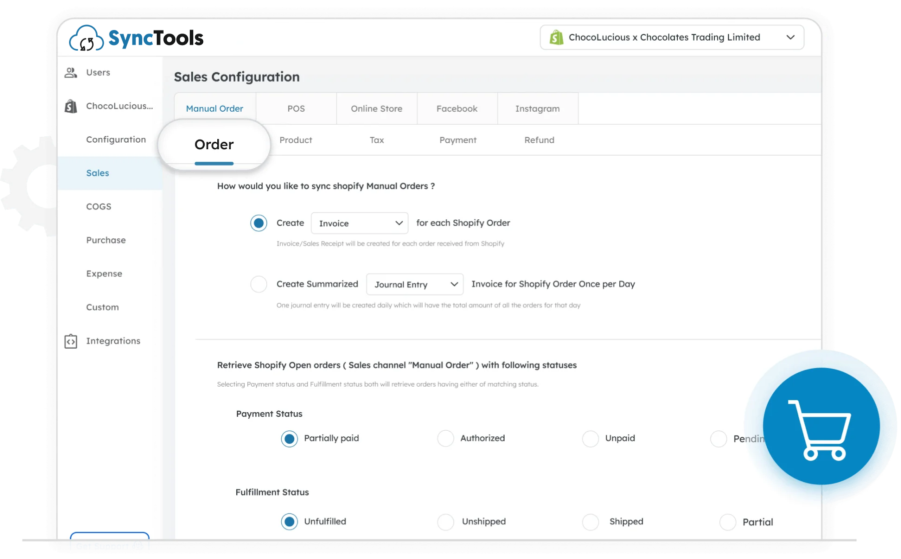 SyncTools sales configuration for Shopify manual orders with individual or summarized invoice settings and status filters