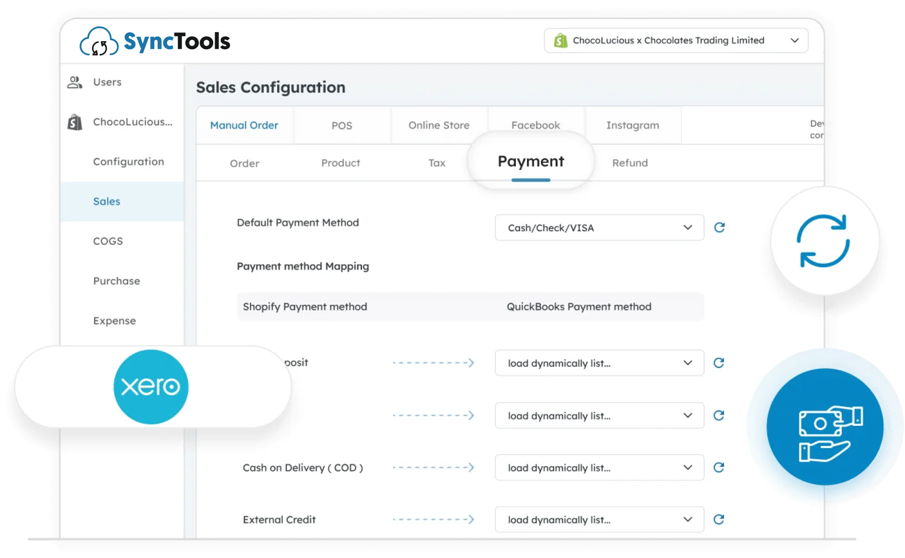 SyncTools sales configuration showing Amazon payment method mapping to Xero payment entries