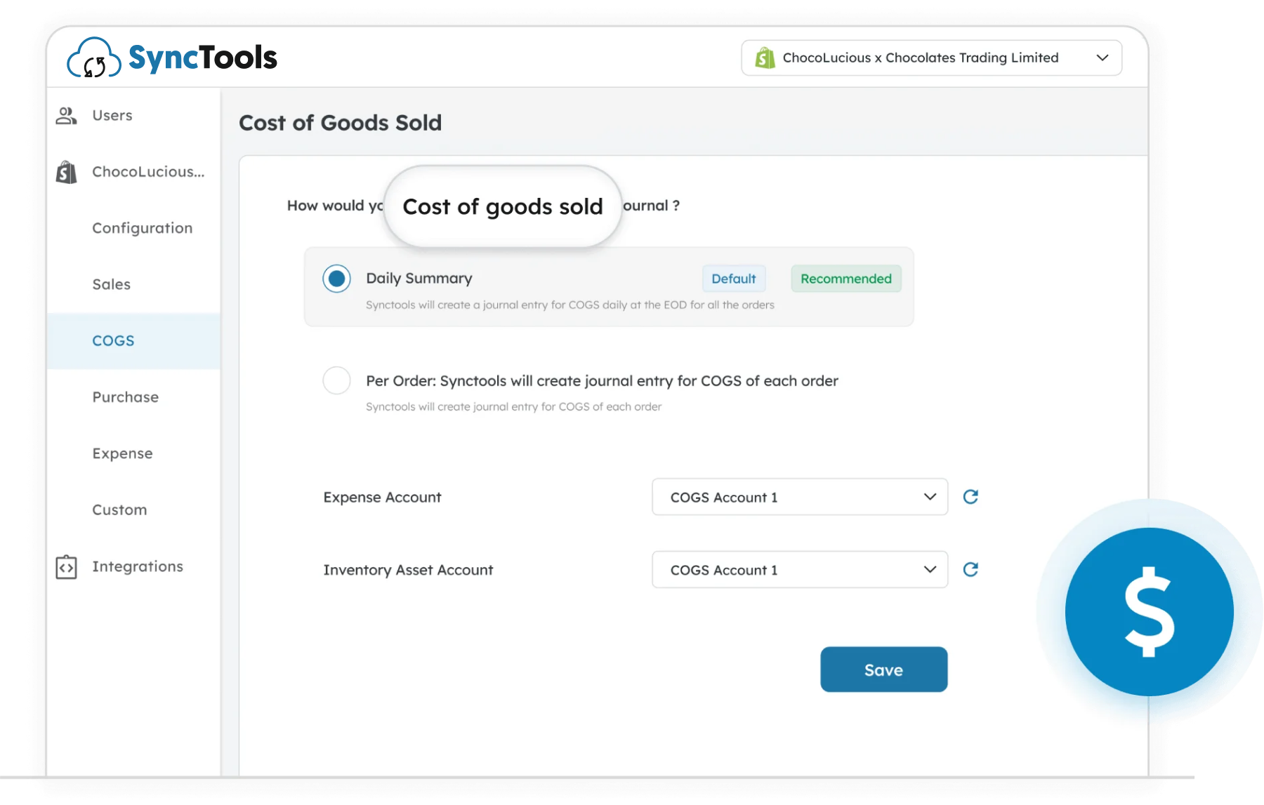 SyncTools COGS settings for Amazon store with daily summary or per order journal entry options
