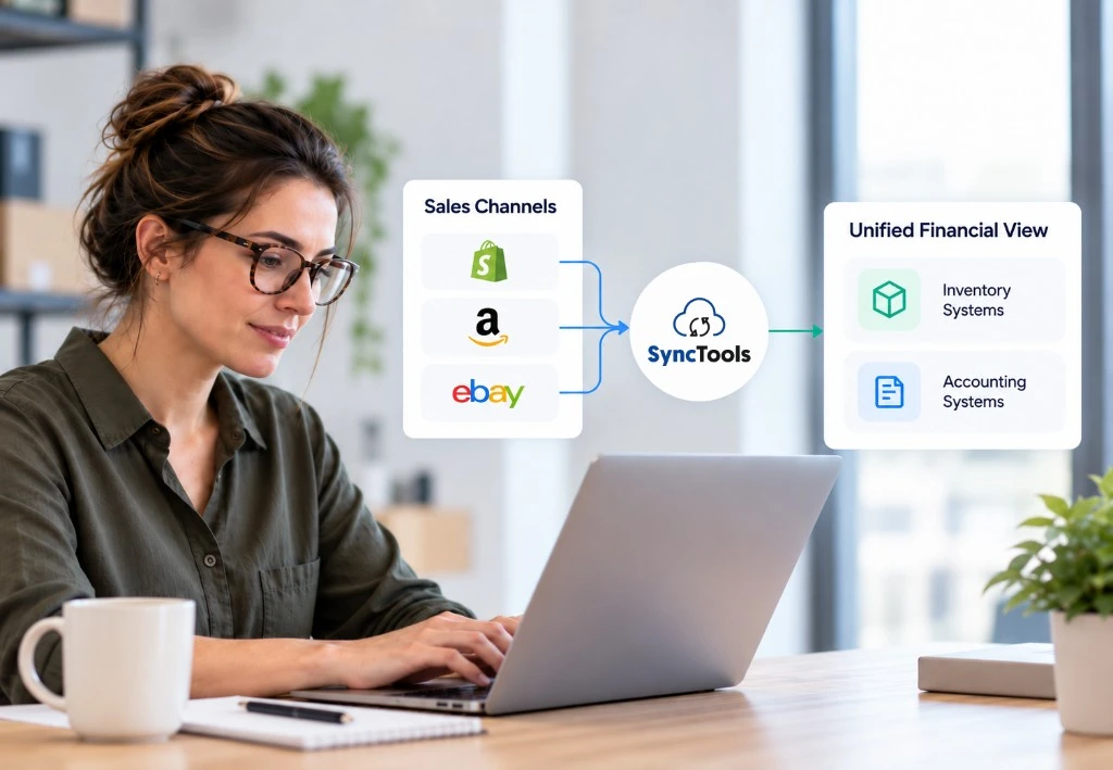 SyncTools unified financial view connecting Shopify, Amazon, and eBay with inventory and accounting systems