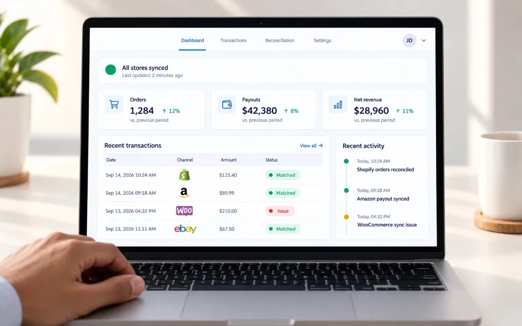 Unified ecommerce sync dashboard showing orders, payouts, revenue, transactions, and reconciliation activity