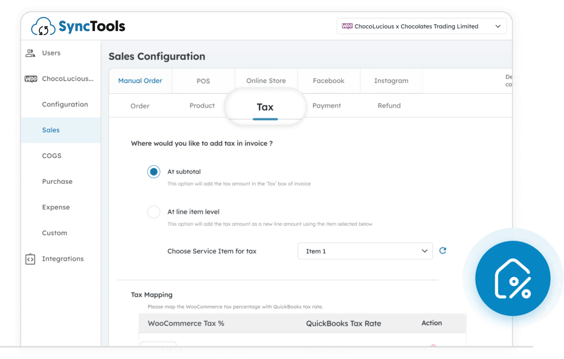 SyncTools tax configuration screen for WooCommerce sales showing tax settings at subtotal or line item level with tax mapping