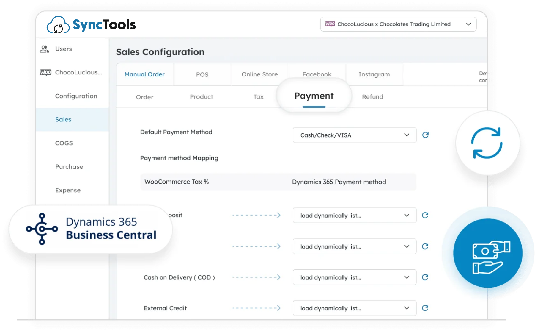 SyncTools payment settings showing WooCommerce to Dynamics 365 Business Central payment method mapping and default payment option
