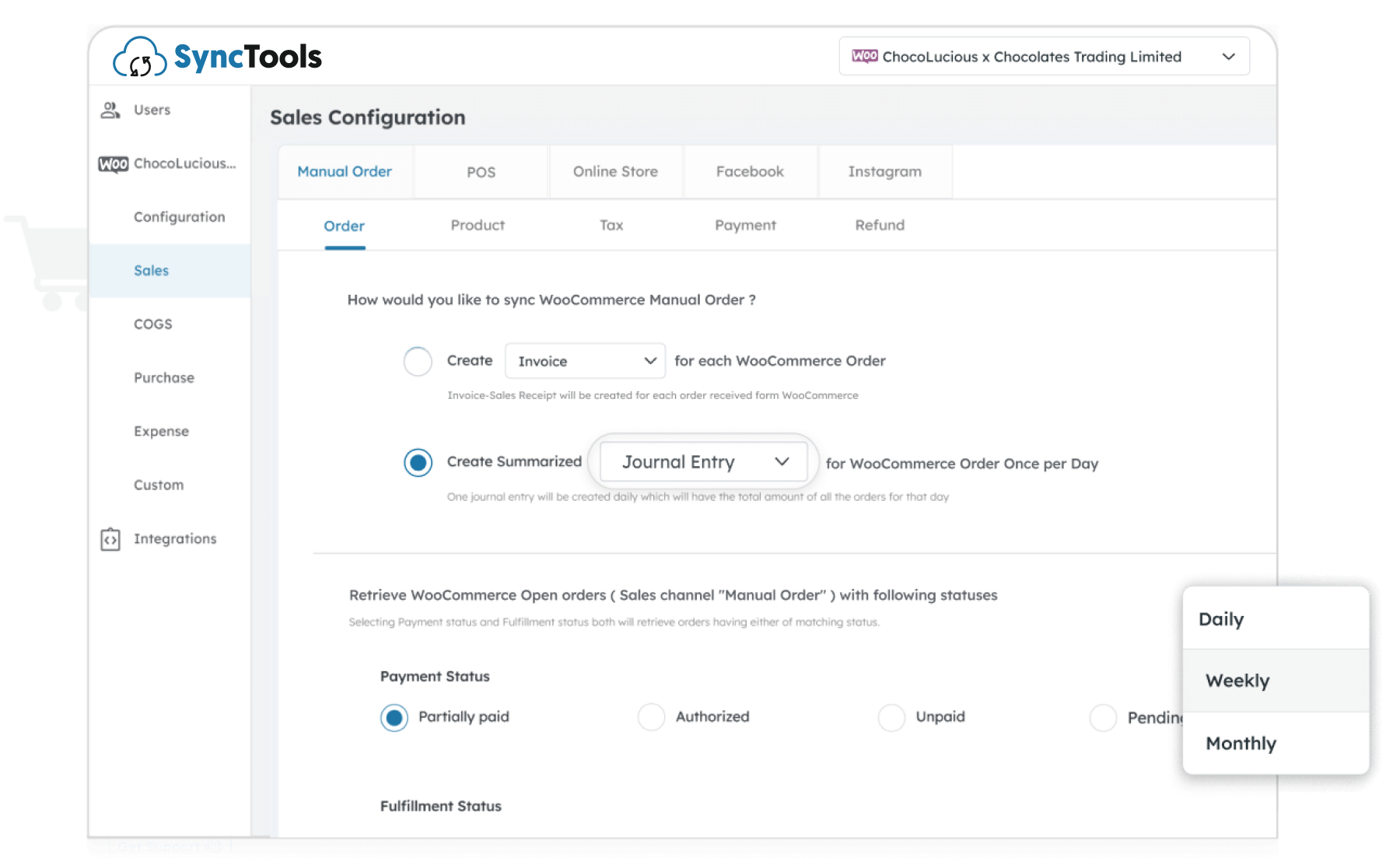 SyncTools sales configuration screen showing WooCommerce manual order sync setup with journal entry frequency and payment status